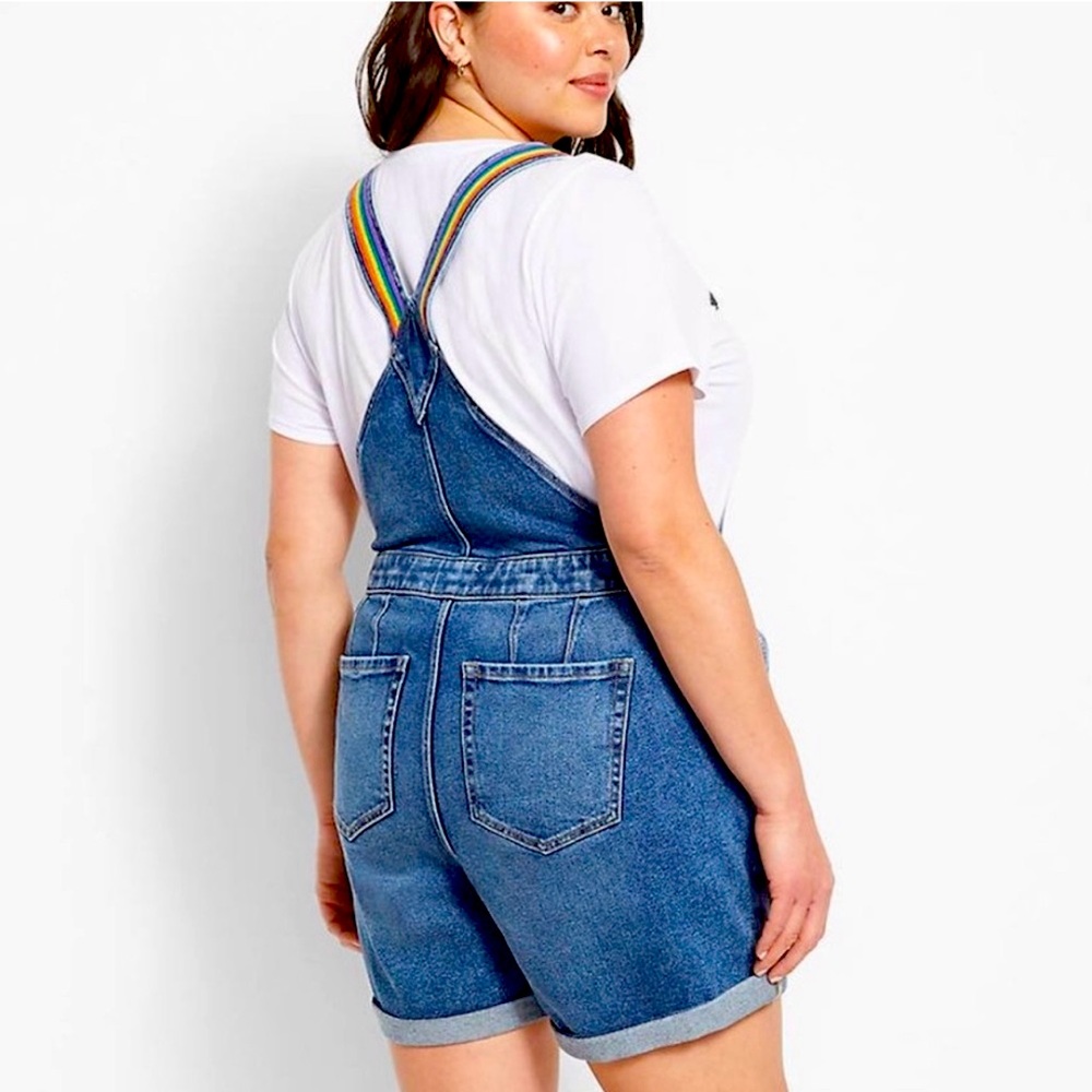 NWOT Lane Bryant denim Boyfriend Short Overall Pride Embroider rainbow strap 14